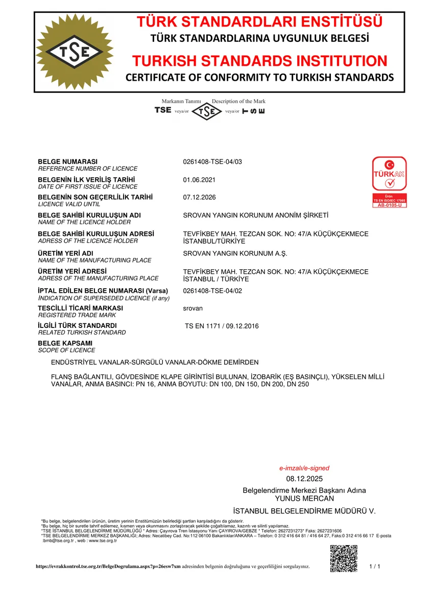 "SROVAN OSY-NRS SÜRGÜLÜ VANA" TSE BELGESİ