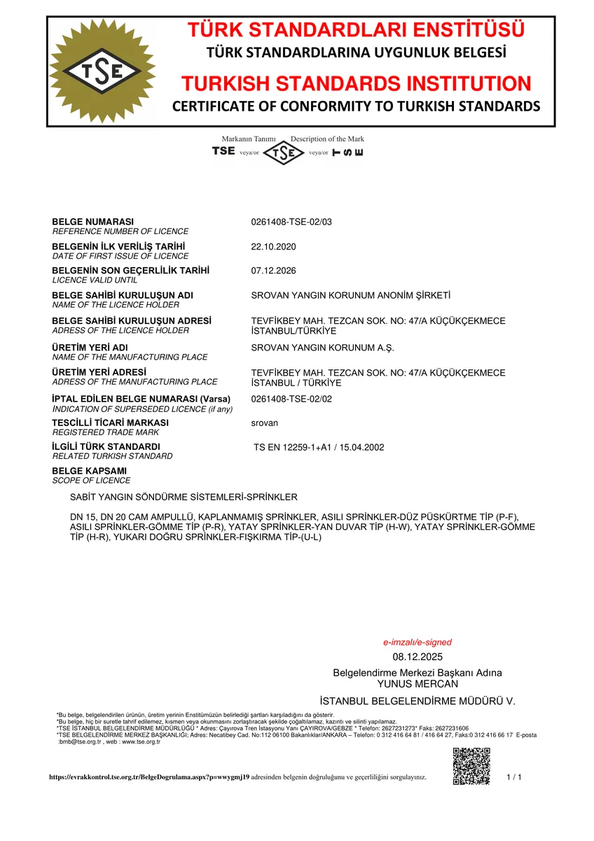 "SROVAN SPRINKLER" TSE BELGESİ
